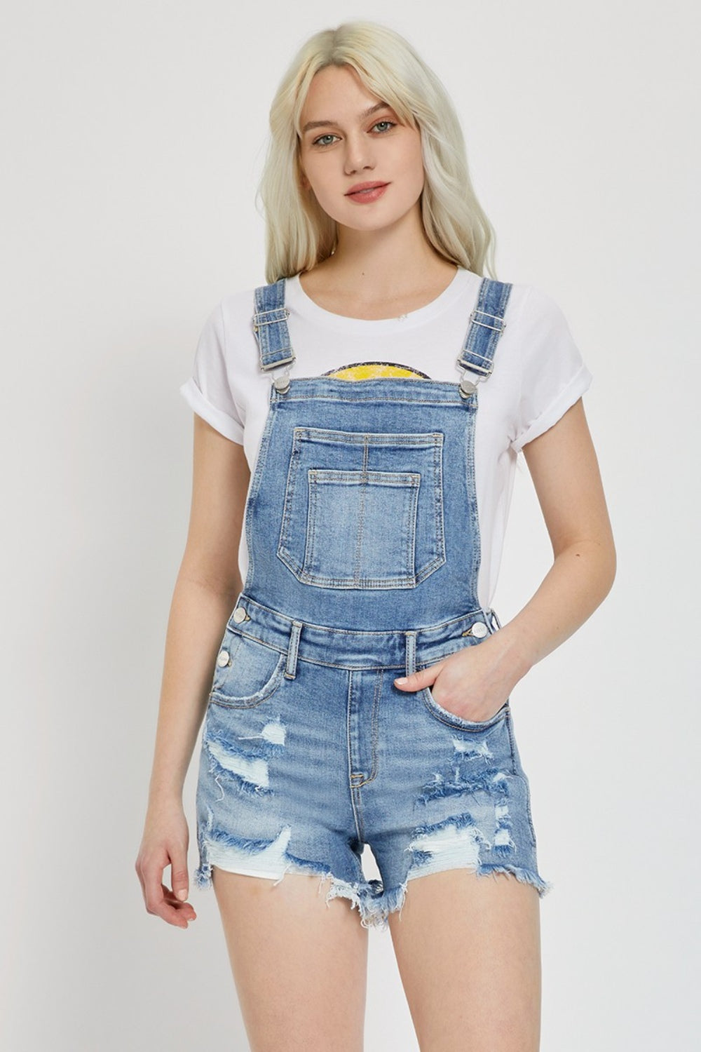 RISEN Distressed Raw Hem Denim Overalls