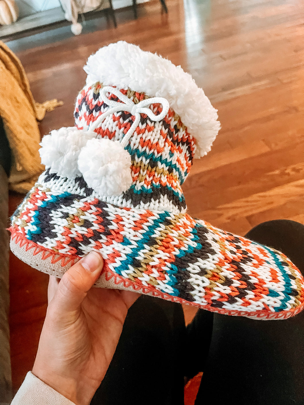 Hand Knit Pom Booties In Multicolor
