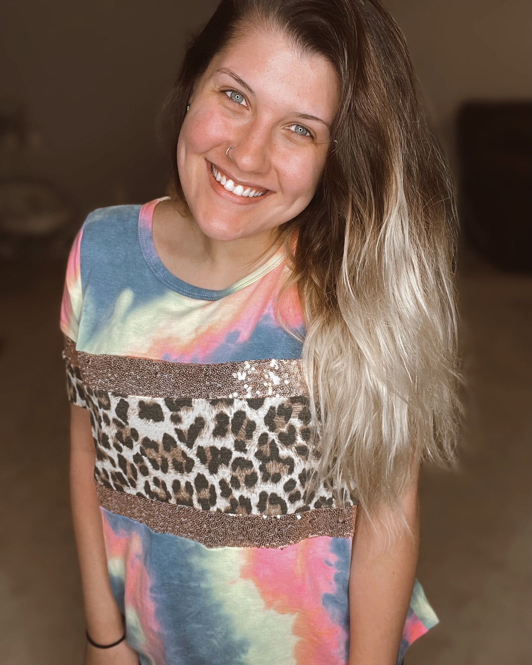 Tie dye/leopard sequin tee