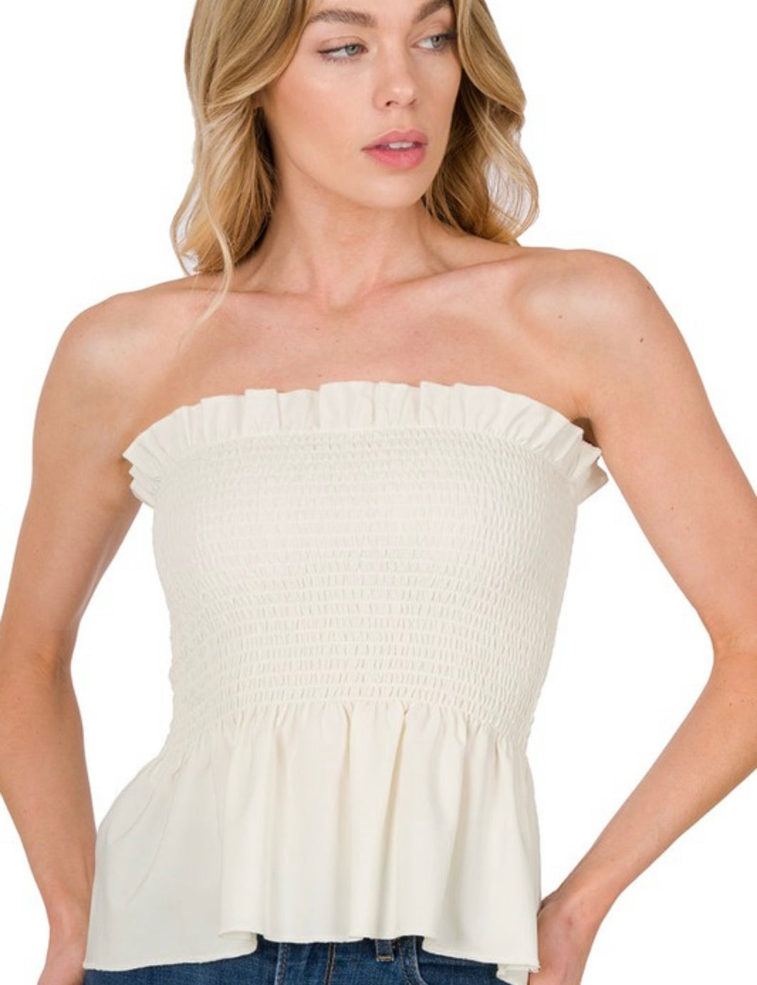 Woven Smocked Ruffle Hem Tube Top